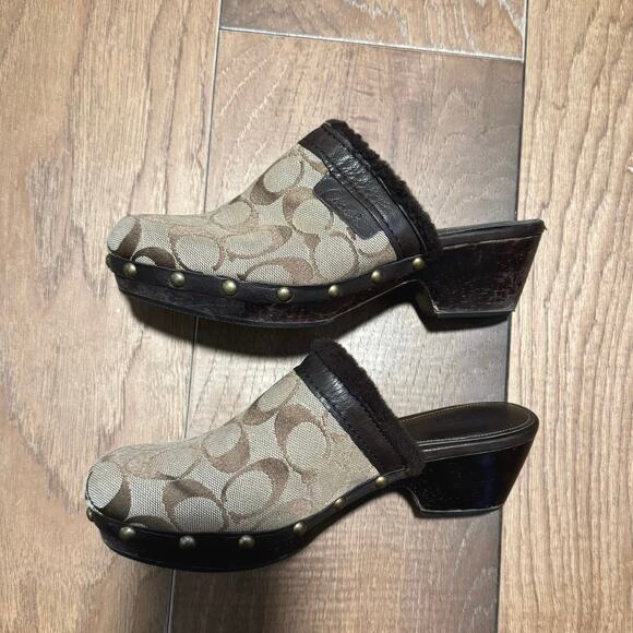 Coach Signature Clog Mules Vintage Shearling Trim Wooden Heel Slides 6.5 - Picture 1 of 7